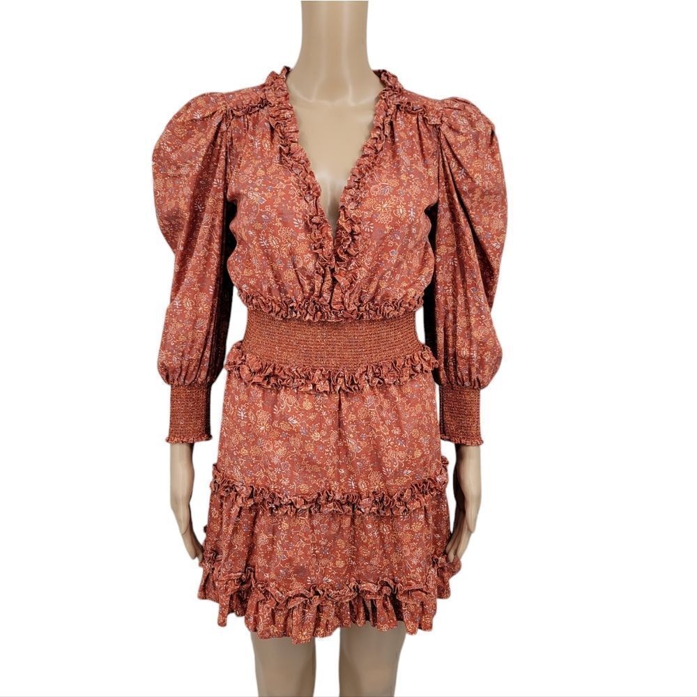 House of Harlow 1960 Wallis Rust Mini Dress Nicole Richie Floral Smocked